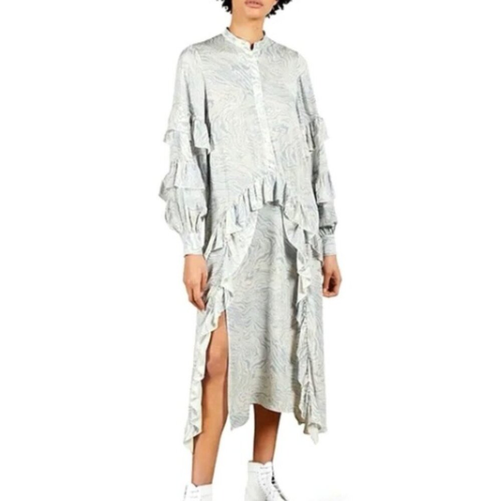 Ted Baker Blue White Swirl Marble Print Ruffle Long Sleeve Dress